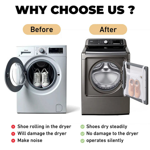 Comparison of two dryers, left with loose sneakers, right with Large Shoe Dryer Bag For Sneakers With Zipper And Strap 15.7x15.7 Inch