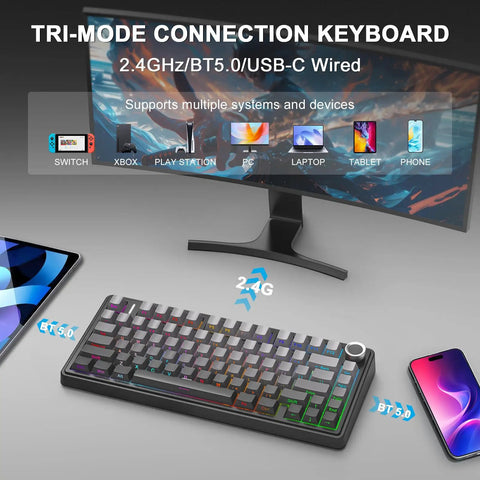Top Notch 75 Percent Wireless Mechanical Keyboard Featuring Gasket Mount Build Hot Swappable Switches Tri Mode Bluetooth Connectivity on a desktop.