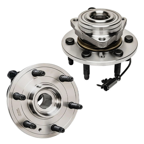 4WD Front Wheel Bearing Hubs And CV Axles Kit For Silverado 1500 Sierra Suburban Tahoe Yukon XL Avalanche And Cadillac Escalade ESV EXT AWD Ready To Roll Replacement Parts For A Smooth Quiet Ride And Easy Install, showing front view of two wheel bearing hubs.