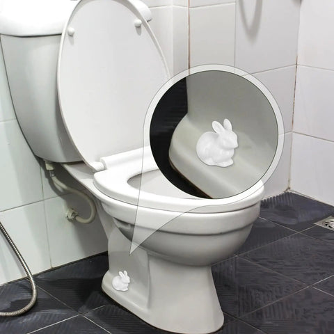 Two Pieces Rabbit Shaped Ceramic Toilet Bolt Covers Set For Bathroom Decor, Cute Bunny Toilet Screw Caps installed on toilet