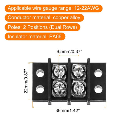 4 Pack 2 Position Terminal Block Strip For 300V 20A Wiring 9.5 Millimeter Pitch Dual Row 2 Circuits DIN Rail Screw Terminals For Neat Slick Wire Distribution And Easy Branch Disconnection. black 2-position terminal block, 9.5mm pitch, 12-22 AWG, copper alloy and PA66