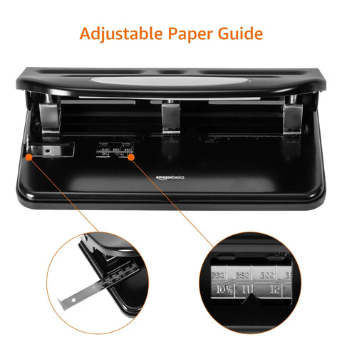 Semi Adjustable Three Hole Punch For Busy Desks 30 Sheet Capacity Black Heavy Duty Paper Punch with adjustable paper guide