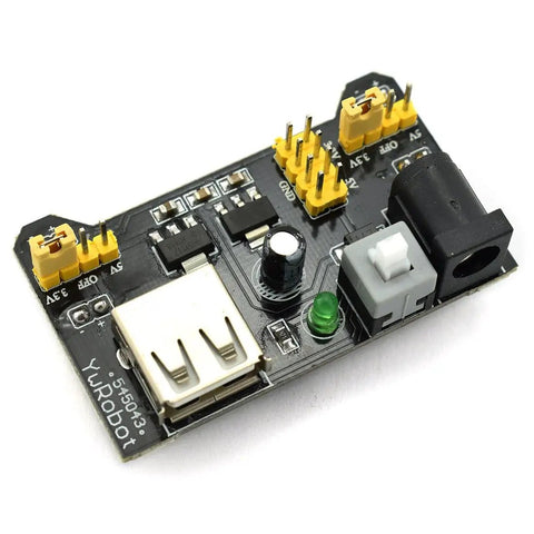 Close-up of power module from All In One Power Supply Kit For Arduino Raspberry Pi STM32 Uno Mega 2560 showing USB and power ports.