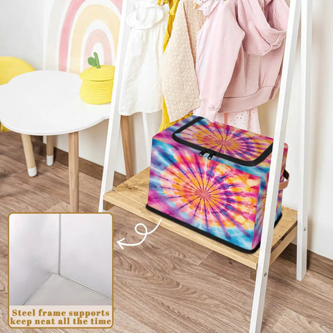 Boho Tie Dye Storage Bins With Lids Foldable Closet Organizers on shelf, polyester fabric, 14x10x10 inches.