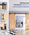 10 ft sliding barn door hardware kit with black ball bearing rollers and accessories, shown with wooden double doors in a home setting.
