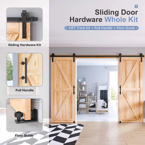 The Top Shelf Ten Foot Double Sliding Barn Door Track Hardware Kit With Heavy Duty J Pulleys And Rock Solid Ball Bearing Rollers For Buttery Smooth Glides And Quicker Setup shown with two wooden doors and pull handle.