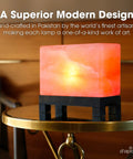Authentic Himalayan Salt Lamp Hand Carved Modern Rectangle With Rare Pink Crystal Rock Salt Footed Wood Base Dimmer Cord And 11.5 Lb Weight For Natural Cozy Vibe And Warm Glow on table