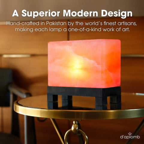 Authentic Himalayan Salt Lamp Hand Carved Modern Rectangle With Rare Pink Crystal Rock Salt Footed Wood Base Dimmer Cord And 11.5 Lb Weight For Natural Cozy Vibe And Warm Glow on table