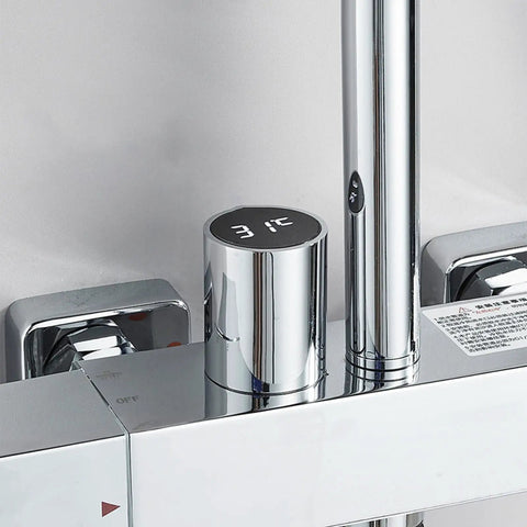 CUTPOIY Thermostatic Shower System with LED digital display and shiny brass finish faucet control knobs.