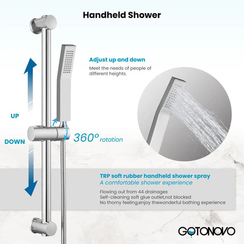 12 Inch Shower Faucet Set With Slide Bar, Rain Shower Head And Handheld Spray, Wall Mounted Trim Kit with adjustable handheld spray