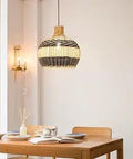 Rattan Pendant Light For Kitchen Island And Living Room Coastal Boho Wicker Chandelier Handmade Woven Hanging Ceiling Lamp Shade 15.7 Inch Diameter Black And White Rustic Home Accent For Bedroom over wooden dining table