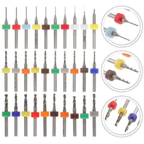 Dope Carbide Micro Drill Bits Set For Jewelry Making And PCB Engraving 30 Pieces Assorted Sizes 0.1 To 3.0mm shown in rows with color rings