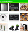 Collage of various home items including refrigerator, remote, hangers, robot vacuum, keyboard, shelving, lamp, planters, and microwave.