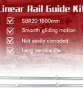 Heavy Duty Beefed Up SBR20 1800mm Linear Rail Guide Kit With Two Rails And Four SBR20UU Carriages text and rails visible