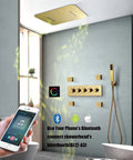 Top Shelf Thermostatic Shower System With Bumpin Bluetooth Music And Lit 64 Color LED Display Concealed PVD Gold Trim Kit with Bluetooth control.