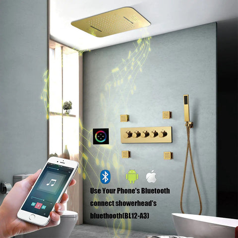 Top Shelf Thermostatic Shower System With Bumpin Bluetooth Music And Lit 64 Color LED Display Concealed PVD Gold Trim Kit with Bluetooth control.