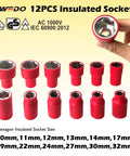 12 red VDE 1000V Insulated Sockets varying in size, part of the VDE 1000V Insulated Tools Set 42Pcs With Pliers, Screwdrivers...
