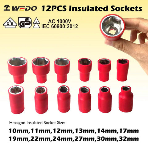 12 red VDE 1000V Insulated Sockets varying in size, part of the VDE 1000V Insulated Tools Set 42Pcs With Pliers, Screwdrivers...