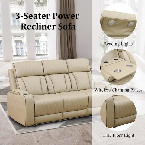 3-Seater Power Recliner Sofa khaki with LED lights, USB charging, and cup holders for home or office use.