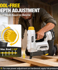 Pro Grade 20V Cordless 18Gauge Brad Nailer And Electric Staple Gun Kit display with tool-free depth adjustment feature.