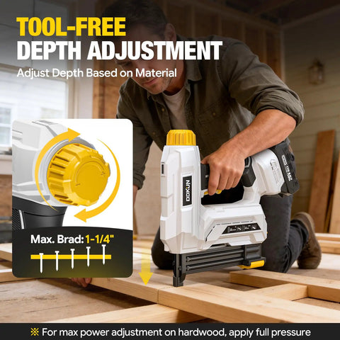 Pro Grade 20V Cordless 18Gauge Brad Nailer And Electric Staple Gun Kit display with tool-free depth adjustment feature.