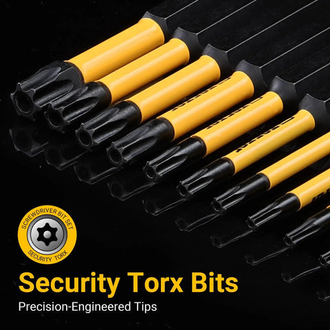Impact Torx Bit Set 31 Pieces For Security Torx T5 Through TT40, S2 Steel, showing close-up of precision-engineered tips.