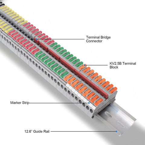 Pro Grade Rail Type Terminal Block Kit With 12.6 Inch DIN Rail Included KV2.5B 600V 32A Quick Wiring Connection assembly detail