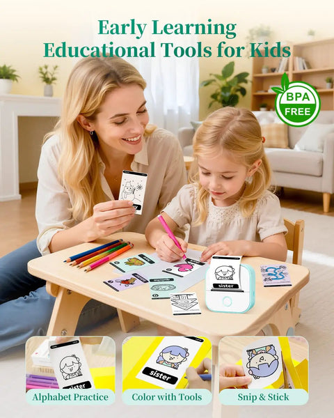 Woman and child using Compact T02 Mini Sticker Printer With Bluetooth Label Maker Inkless Thermal Printer for educational activities.