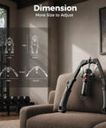 Flybird Twister Arm Trainer With Ab Roller Wheel showing adjustable dimensions for home gym use on a couch.