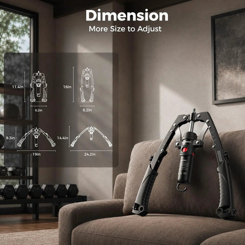Flybird Twister Arm Trainer With Ab Roller Wheel showing adjustable dimensions for home gym use on a couch.