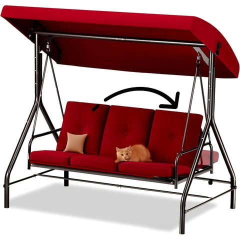 Three Seat Patio Swing With Canopy For Backyard Or Porch Convertible Glider Bed Thick Removable Cushions And Pillows Easy Setup