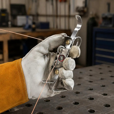 Ultimate TIG Wire Feeder Tool With Magnetic Base And Heat Shield For Alloy Filler Rods, hand-held in glove during metalwork.