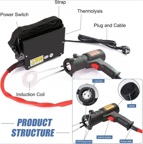 Heavy Duty 1500W Induction Bolt Heater With Magnetic Coils To Kick Loose Frozen Nuts And Bearings Portable ergonomic handle with power switch and induction coil.