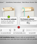 Installation instructions for Heavy Duty 18 Inch Soft Close Drawer Slides With Full Extension For Cabinets And Dressers 6 Pairs 100 Lb Capacity Smooth Glide No Slam Close Rust Resistant Ball Bearing Hardware, showing framed and frameless cabinet setups with correct alignment guidance.