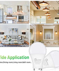 Collage showing kitchen, dining room, living room, bathroom lit by GU24 LED Light Bulb 9W 800 Lumens 5000K Daylight