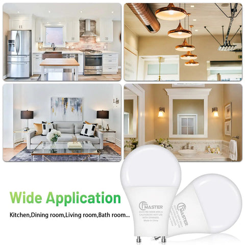 Collage showing kitchen, dining room, living room, bathroom lit by GU24 LED Light Bulb 9W 800 Lumens 5000K Daylight
