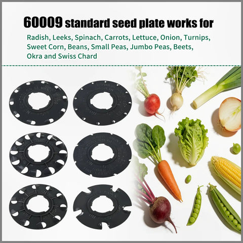 Seed Plate Set 60009 and 60010 for Garden Seeder, 6 plates and assorted vegetables for planting, fits 10001 and 1001-B tray.