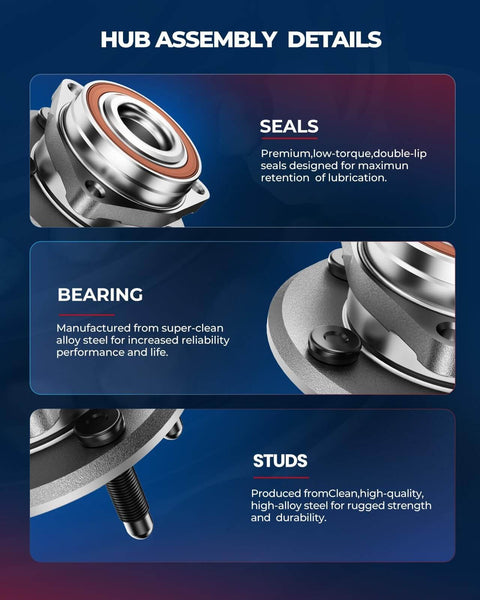 Hub assembly details with seals, super-clean alloy bearings, high-alloy studs for Pair Front Wheel Hub and Bearing Assembly for 1997-2006 Buick Pontiac Oldsmobile and Chevy Models (5-Lug w/ABS) Direct Fit Replacement 513121 513179 12429204 7470017