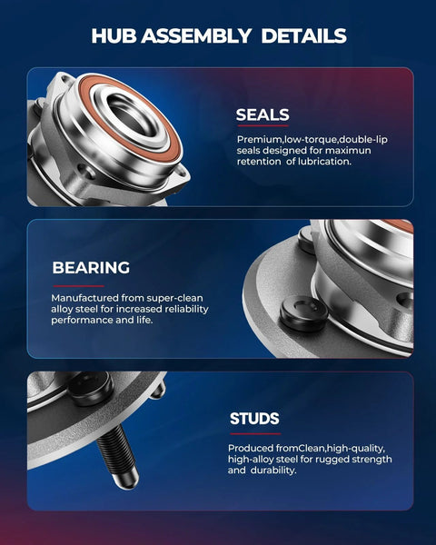 Front Wheel Bearing And Hub Assembly Six Lug With ABS For 2007-2014 Chevy Silverado details with seals, bearing, studs.