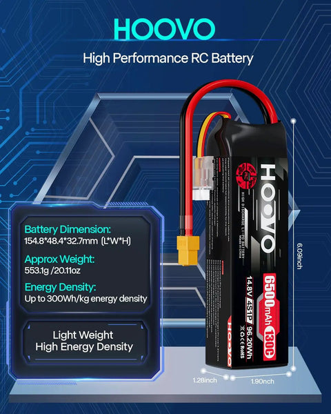HOOVO 4S LiPo Battery Pack 14.8V 6500mAh 130C RC Power With XT60 Plug and specifications.