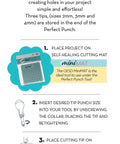 Embroidery Hole Punch Tool packaging with instructions, highlighting adjustable tip sizes and collars for fabric and craft projects.