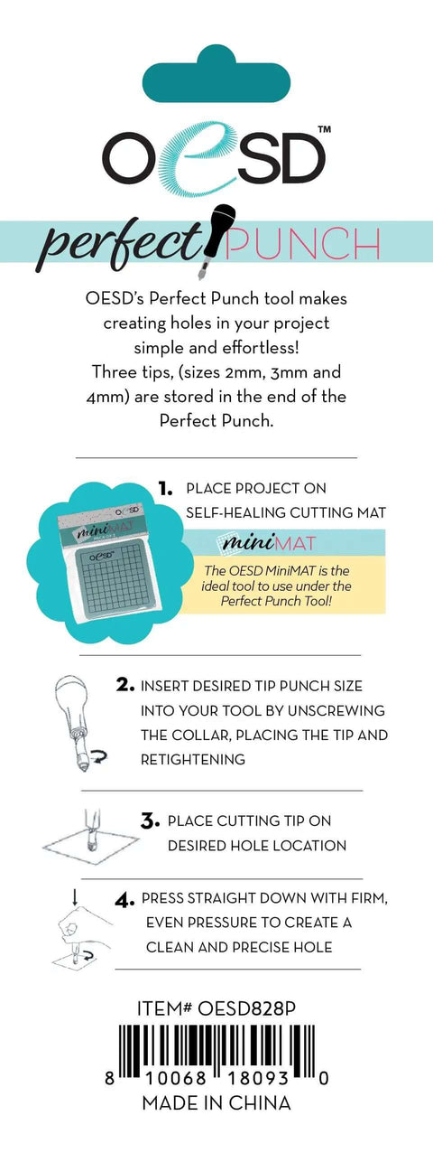 Embroidery Hole Punch Tool packaging with instructions, highlighting adjustable tip sizes and collars for fabric and craft projects.