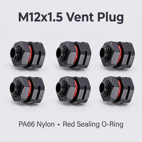 6 Pack IP68 M12x1.5 Air Vent Breather Screws in black nylon with red O-Ring for outdoor enclosure pressure equalization.