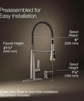 Slick Stainless Steel Kitchen Sink Faucet With Built In Soap Dispenser And Heavy Duty Pull Down Sprayer dimensions and installation details.