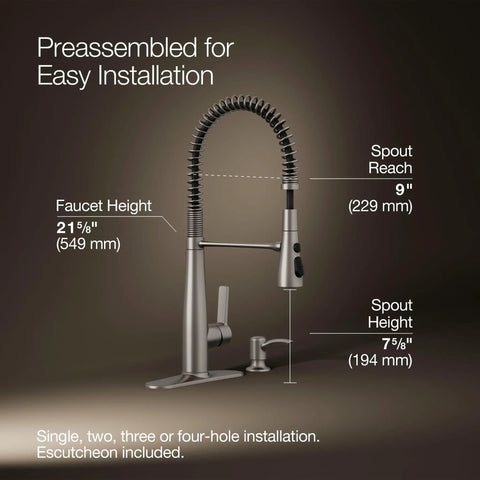 Slick Stainless Steel Kitchen Sink Faucet With Built In Soap Dispenser And Heavy Duty Pull Down Sprayer dimensions and installation details.