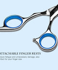 Close-up of Pro Grade Hair Cutting Scissors with blue detachable finger rests and Japanese stainless steel precision design.