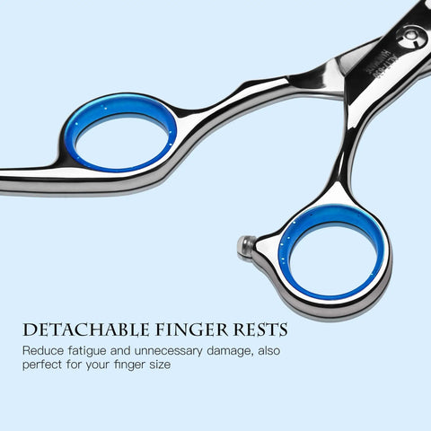 Close-up of Pro Grade Hair Cutting Scissors with blue detachable finger rests and Japanese stainless steel precision design.
