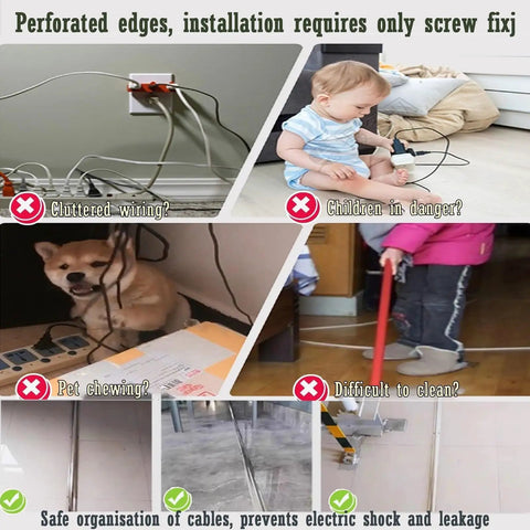 Stainless Steel Cable Raceway Cover for Office Desks demonstrates cluttered wiring hazards and safe cable management solutions.