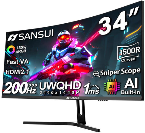 34 Inch Ultrawide Curved Gaming Monitor 3440x1440 UWQHD With Up To 200Hz Refresh Rate, HDR, AI Crosshair, stand view