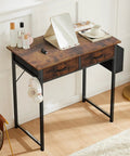 32 Inch Home Office Desk With Drawers And Storage For Gaming, Study Or Writing, Includes Fabric Drawers, Side Storage Bag, Headphone Hook, And Adjustable Feet In Rustic Brown with mirror and cup on top